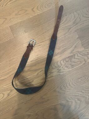 Vineyard Vines Navy & Green Plaid Fabric Belt with Brown Leather Trim